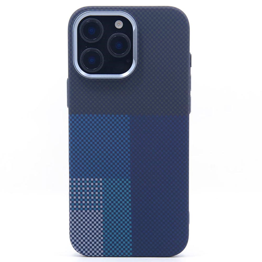 For iPhone 16 Pro Max Magnetic Case Carbon Fiber Texture Water Transfer PC Phone Cover - Blue Pattern Blocks