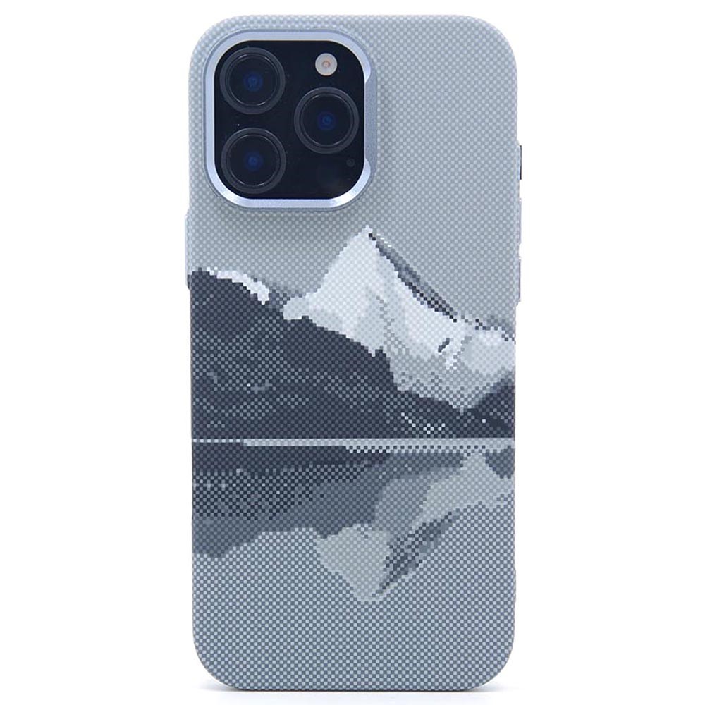 For iPhone 16 Pro Magnetic Case Carbon Fiber Texture Water Transfer PC Phone Cover - Snow Mountain