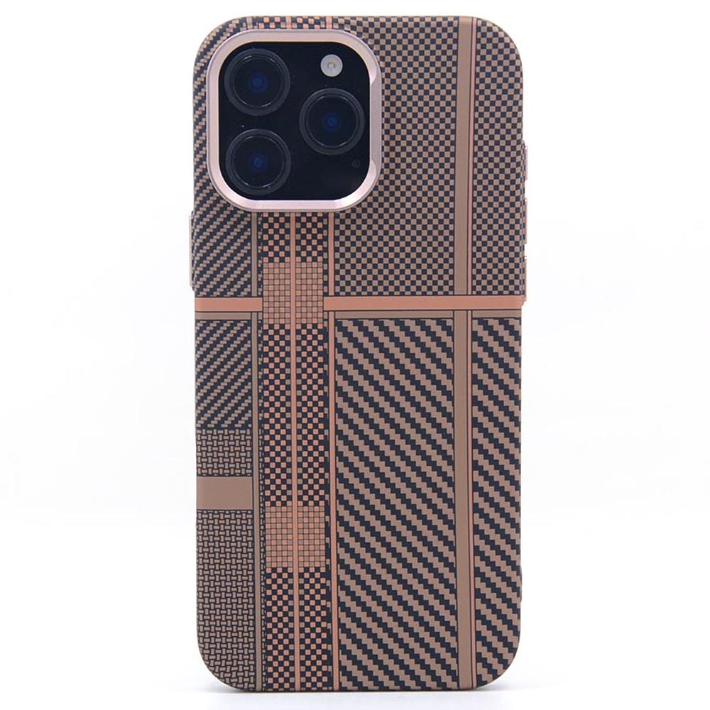 For iPhone 16 Pro Magnetic Case Carbon Fiber Texture Water Transfer PC Phone Cover - Carbon Gold Cross Track