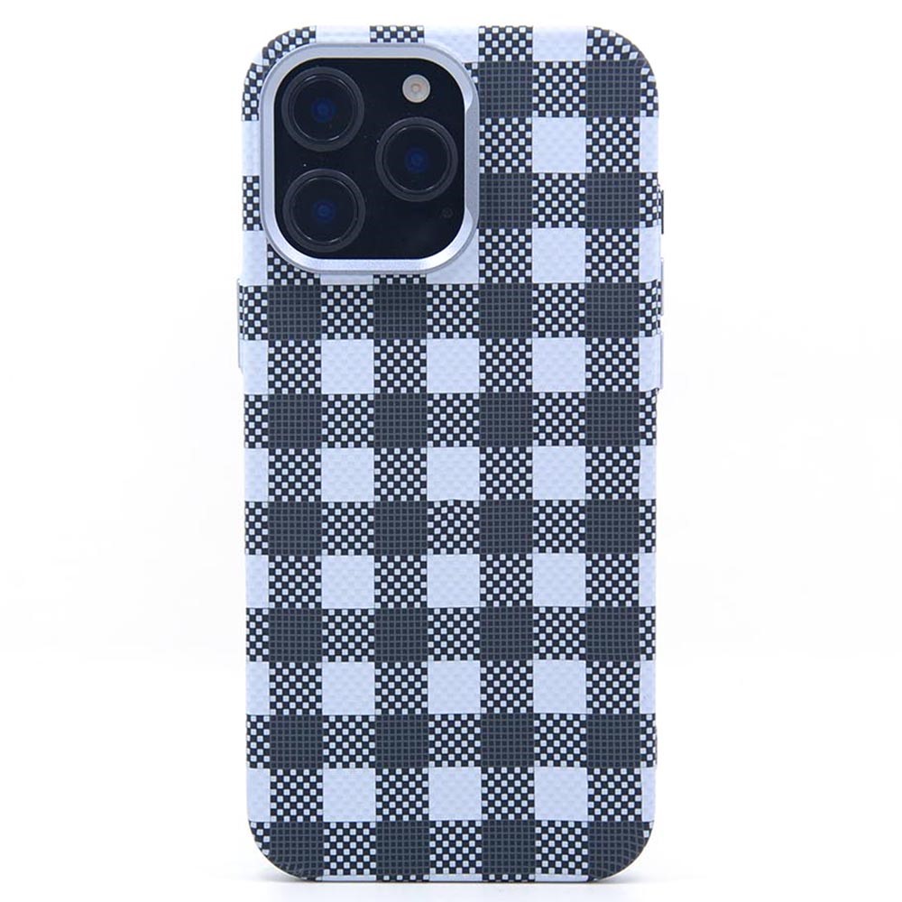 For iPhone 16 Pro Magnetic Case Carbon Fiber Texture Water Transfer PC Phone Cover - Black + White Blocks