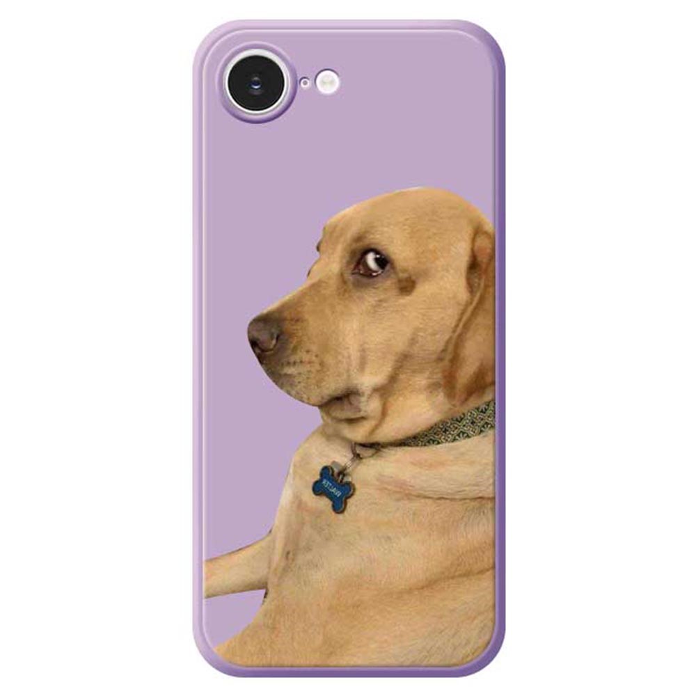 For iPhone 16e Case Yellow Dog Pattern Printing Straight Edge TPU Phone Back Cover - Purple