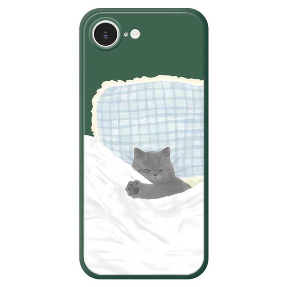 For iPhone 16e Case Cute Sleeping Cat Pattern Printing Straight Edge TPU Phone Back Cover - Green