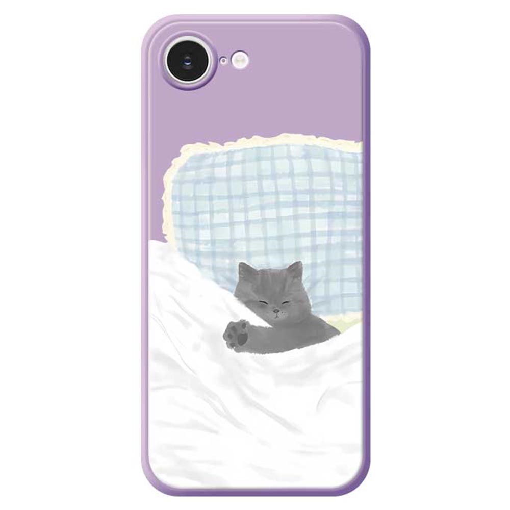 For iPhone 16e Case Cute Sleeping Cat Pattern Printing Straight Edge TPU Phone Back Cover - Purple