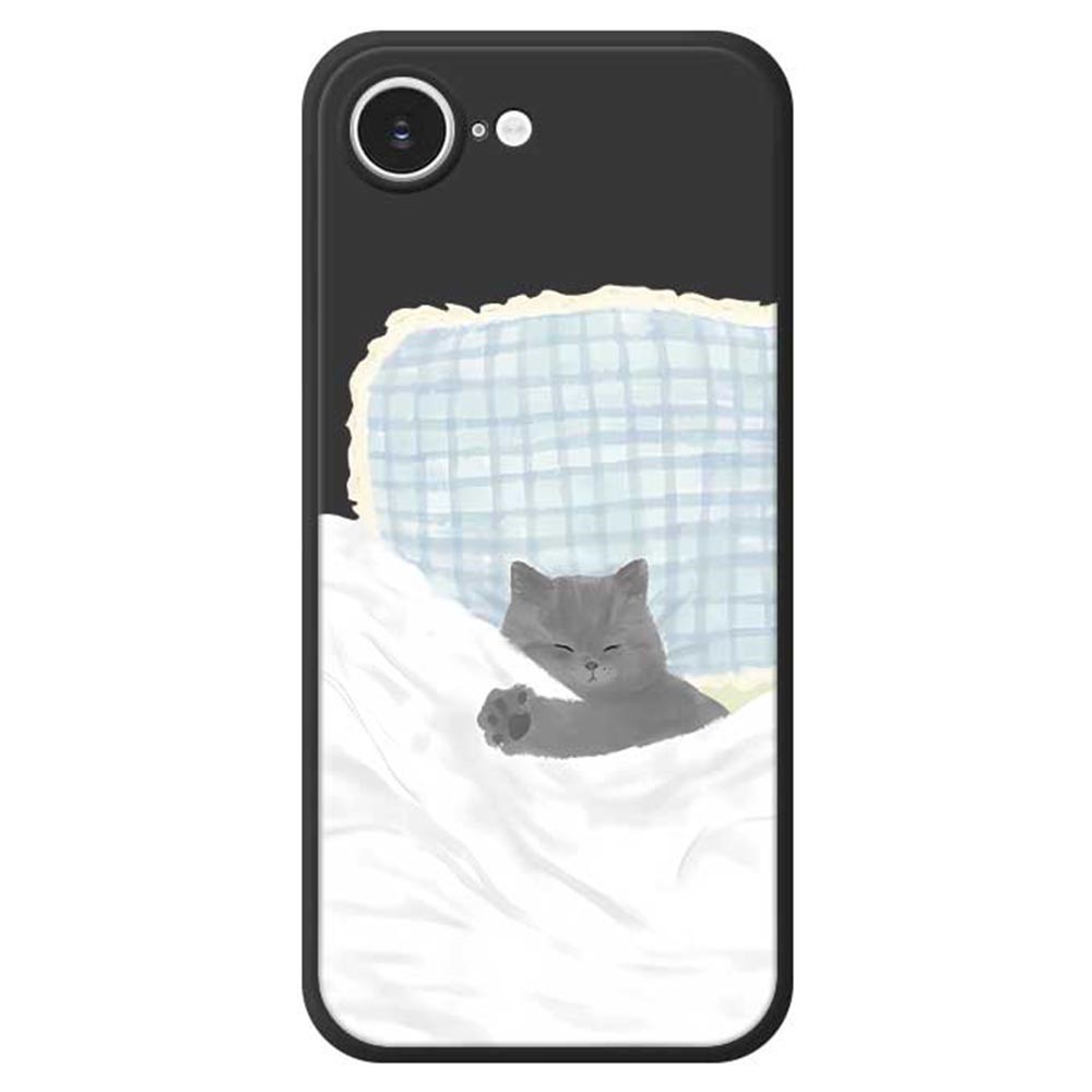 For iPhone 16e Case Cute Sleeping Cat Pattern Printing Straight Edge TPU Phone Back Cover - Black