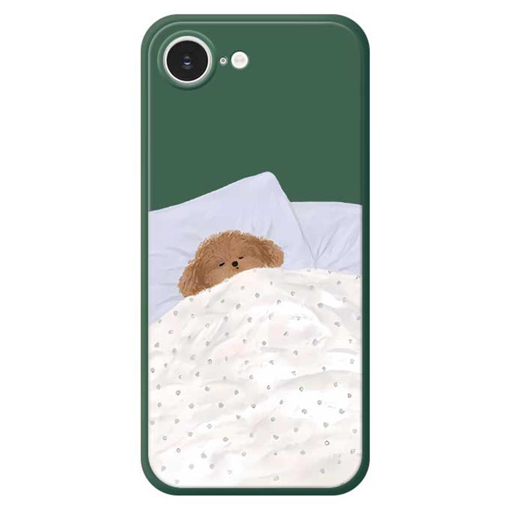 For iPhone 16e Case Cute Sleeping Dog Pattern Printing Straight Edge TPU Phone Back Cover - Green