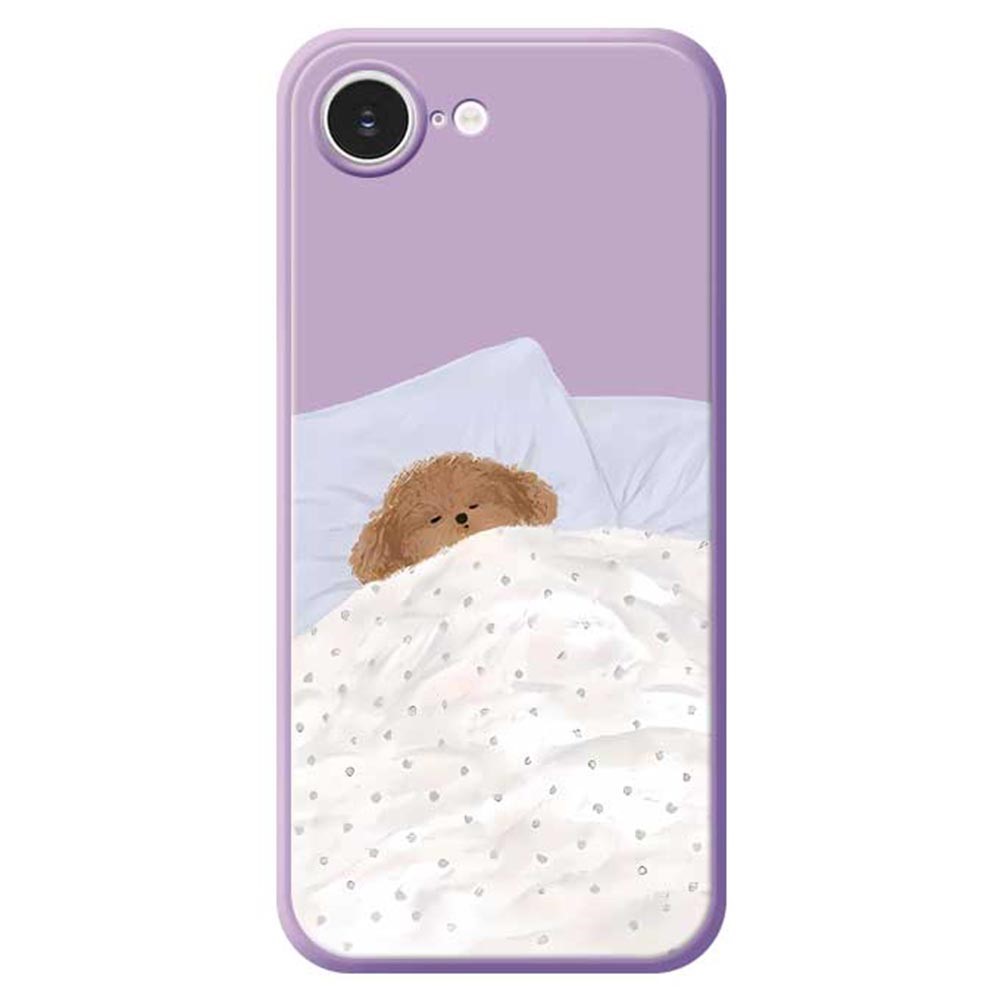 For iPhone 16e Case Cute Sleeping Dog Pattern Printing Straight Edge TPU Phone Back Cover - Purple