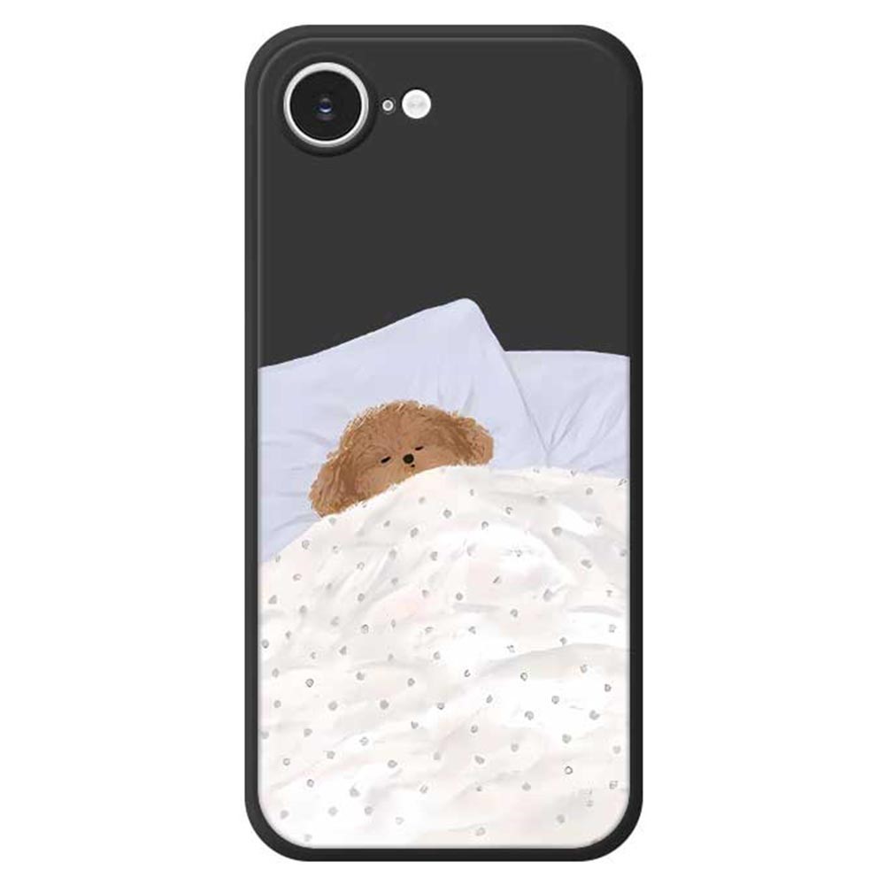 For iPhone 16e Case Cute Sleeping Dog Pattern Printing Straight Edge TPU Phone Back Cover - Black