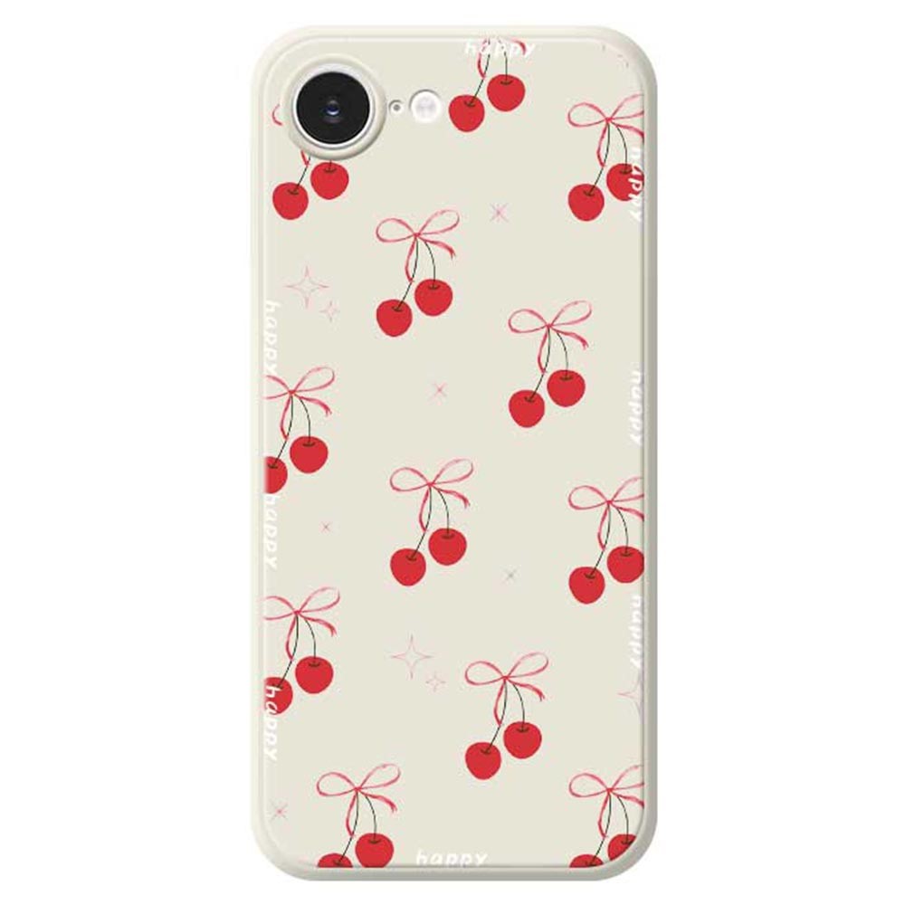 For iPhone 16e Case Cute Bow Cherry Pattern Printing Straight Edge TPU Phone Back Cover - Beige