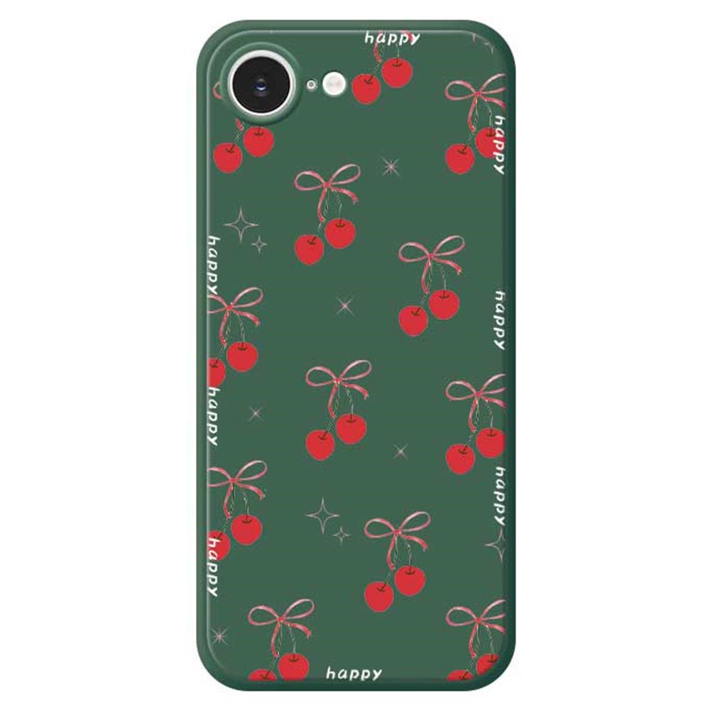 For iPhone 16e Case Cute Bow Cherry Pattern Printing Straight Edge TPU Phone Back Cover - Green
