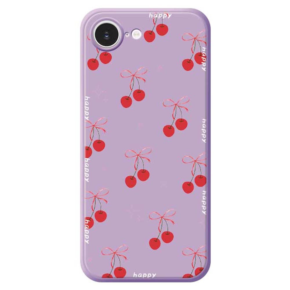 For iPhone 16e Case Cute Bow Cherry Pattern Printing Straight Edge TPU Phone Back Cover - Purple