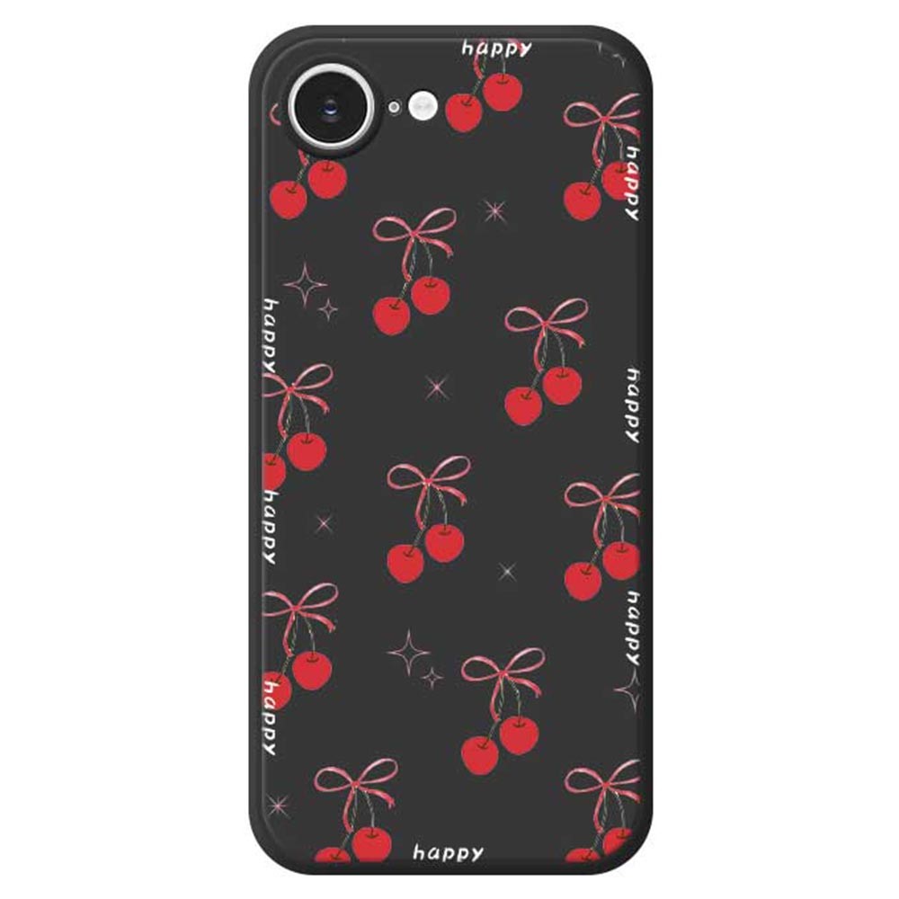 For iPhone 16e Case Cute Bow Cherry Pattern Printing Straight Edge TPU Phone Back Cover - Black