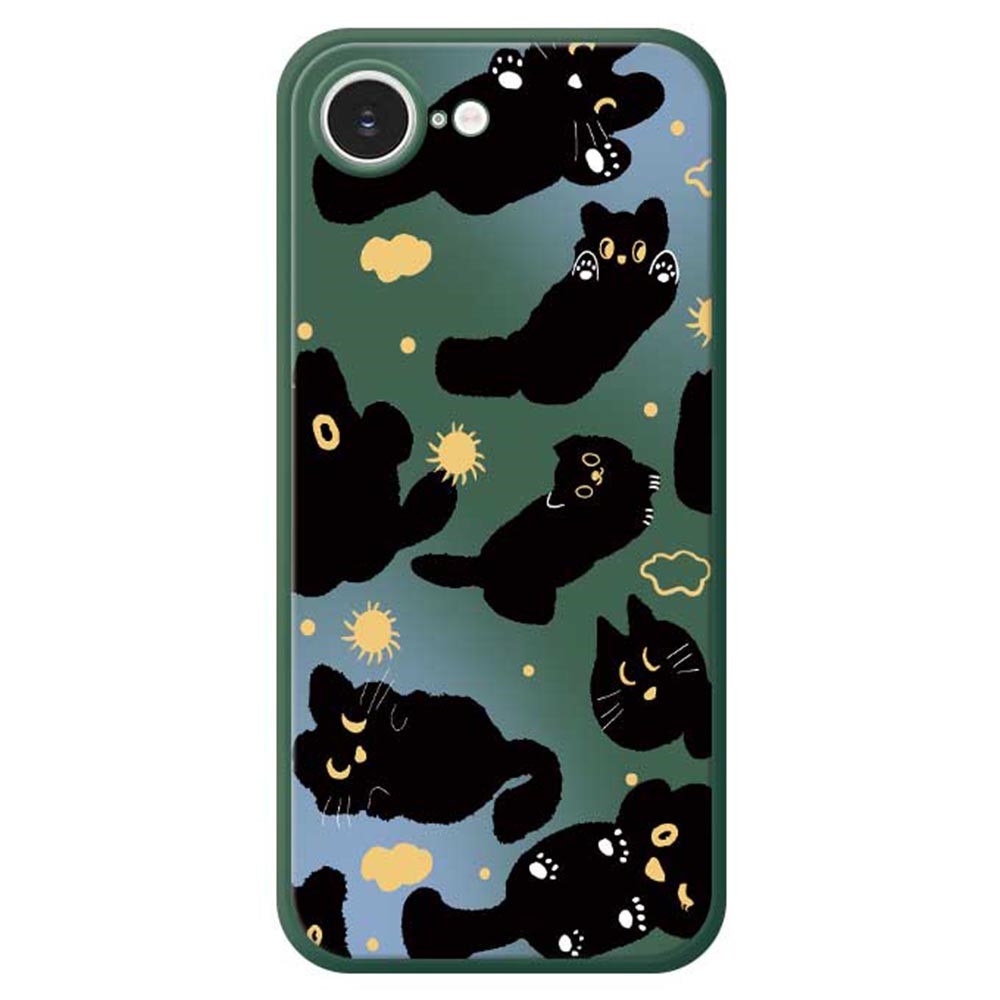 For iPhone 16e Case Cute Black Cat Pattern Printing Straight Edge TPU Phone Back Cover - Green