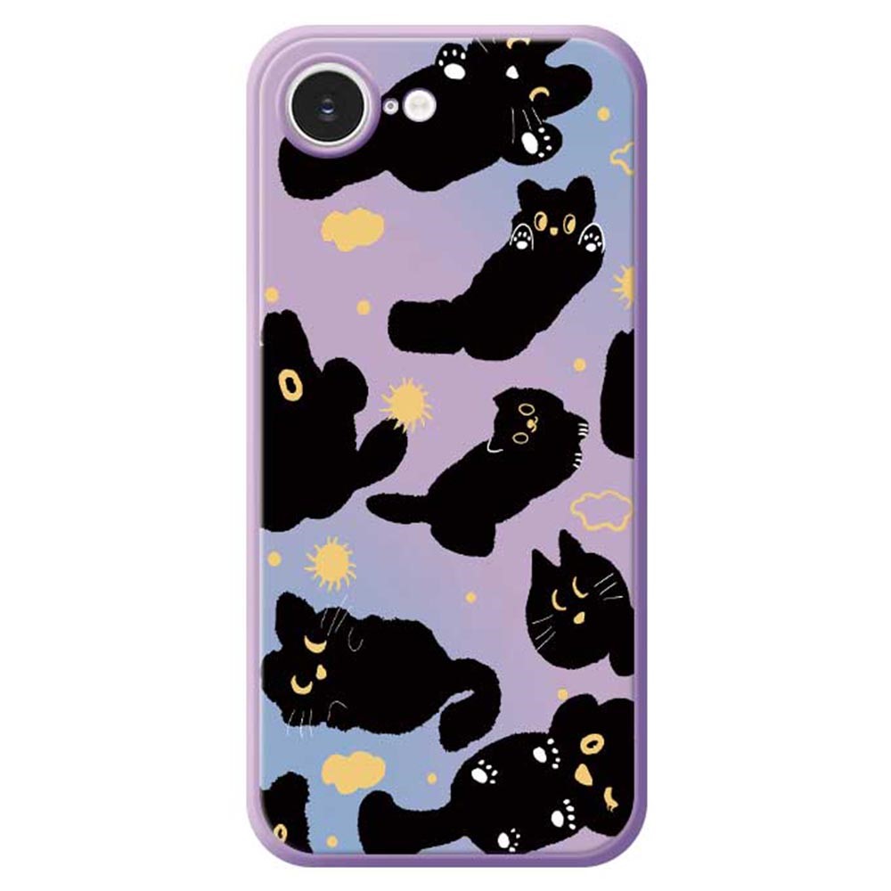 For iPhone 16e Case Cute Black Cat Pattern Printing Straight Edge TPU Phone Back Cover - Purple