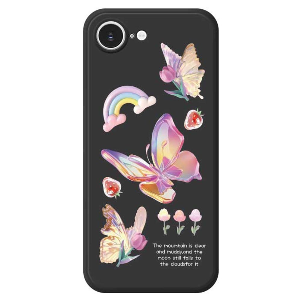 For iPhone 16e Case Colored Butterfly Flower Pattern Printing Straight Edge TPU Phone Back Cover - Black