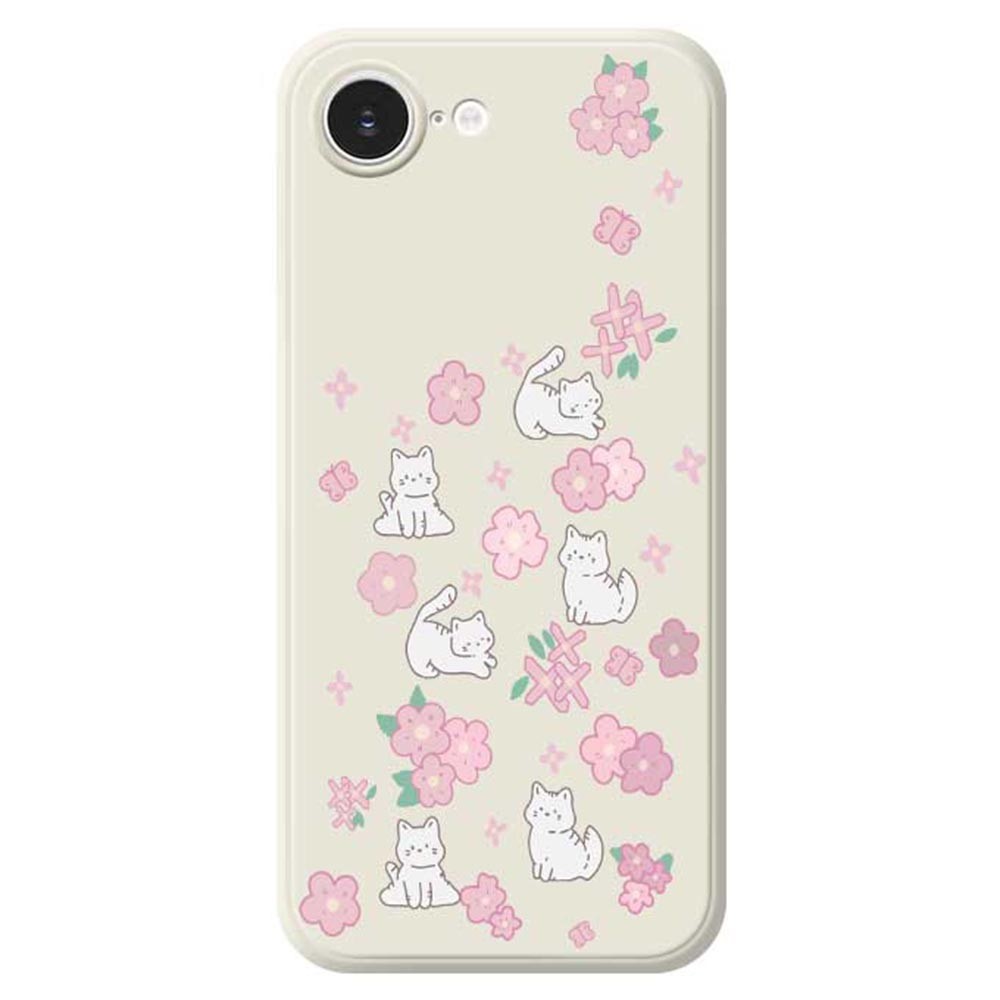 For iPhone 16e Case Cute Cat Play Garden Pattern Printing Straight Edge TPU Phone Back Cover - Beige