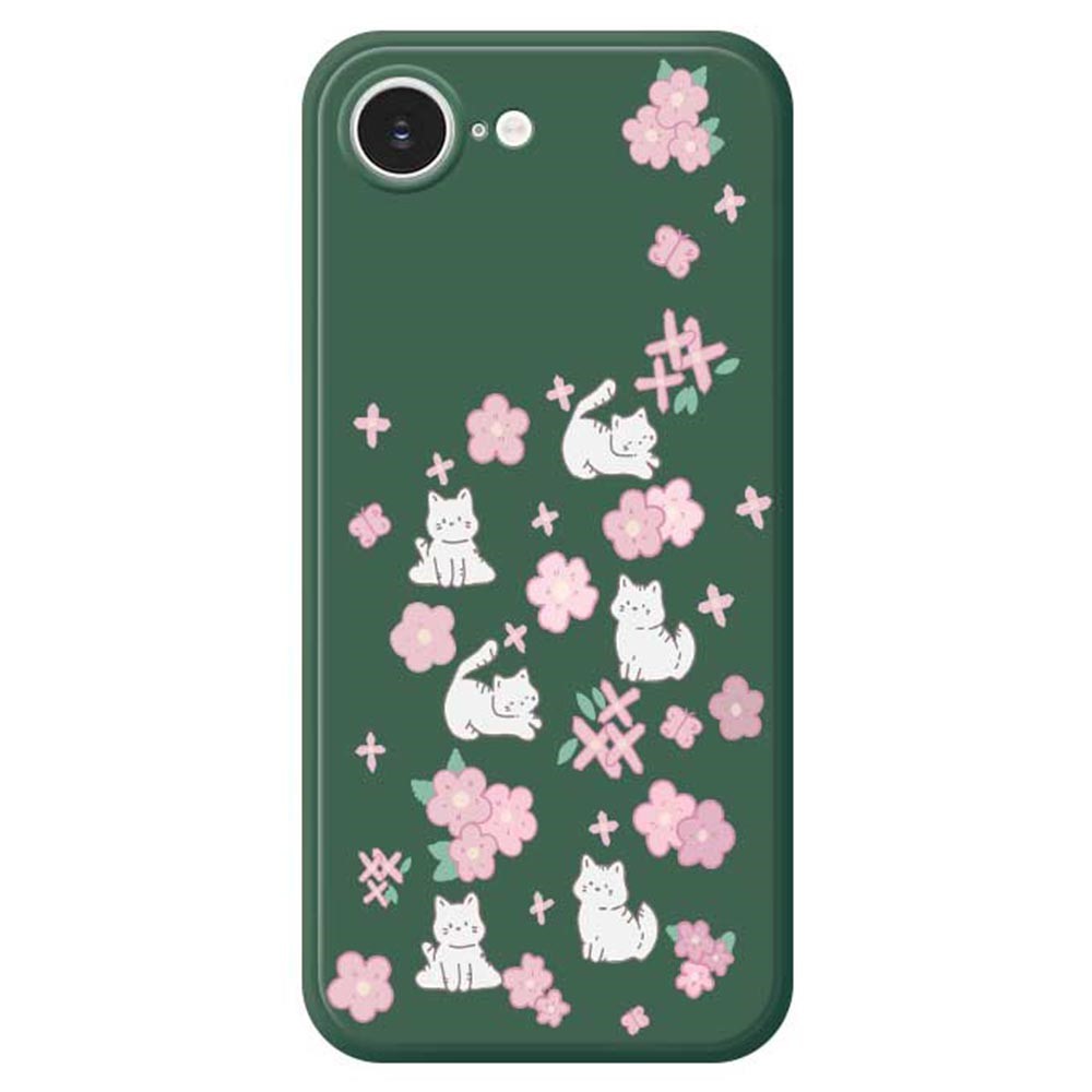 For iPhone 16e Case Cute Cat Play Garden Pattern Printing Straight Edge TPU Phone Back Cover - Green