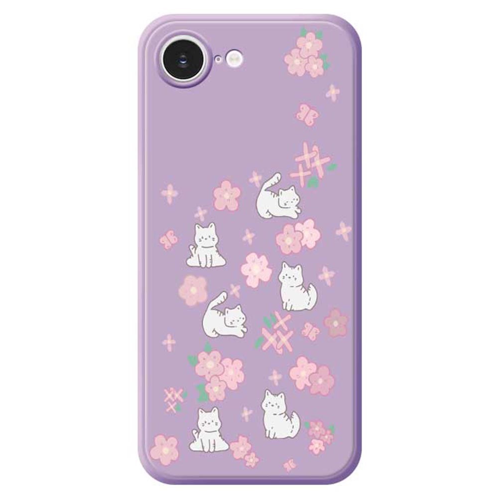 For iPhone 16e Case Cute Cat Play Garden Pattern Printing Straight Edge TPU Phone Back Cover - Purple