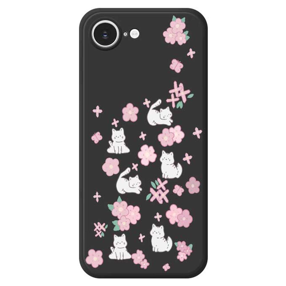 For iPhone 16e Case Cute Cat Play Garden Pattern Printing Straight Edge TPU Phone Back Cover - Black