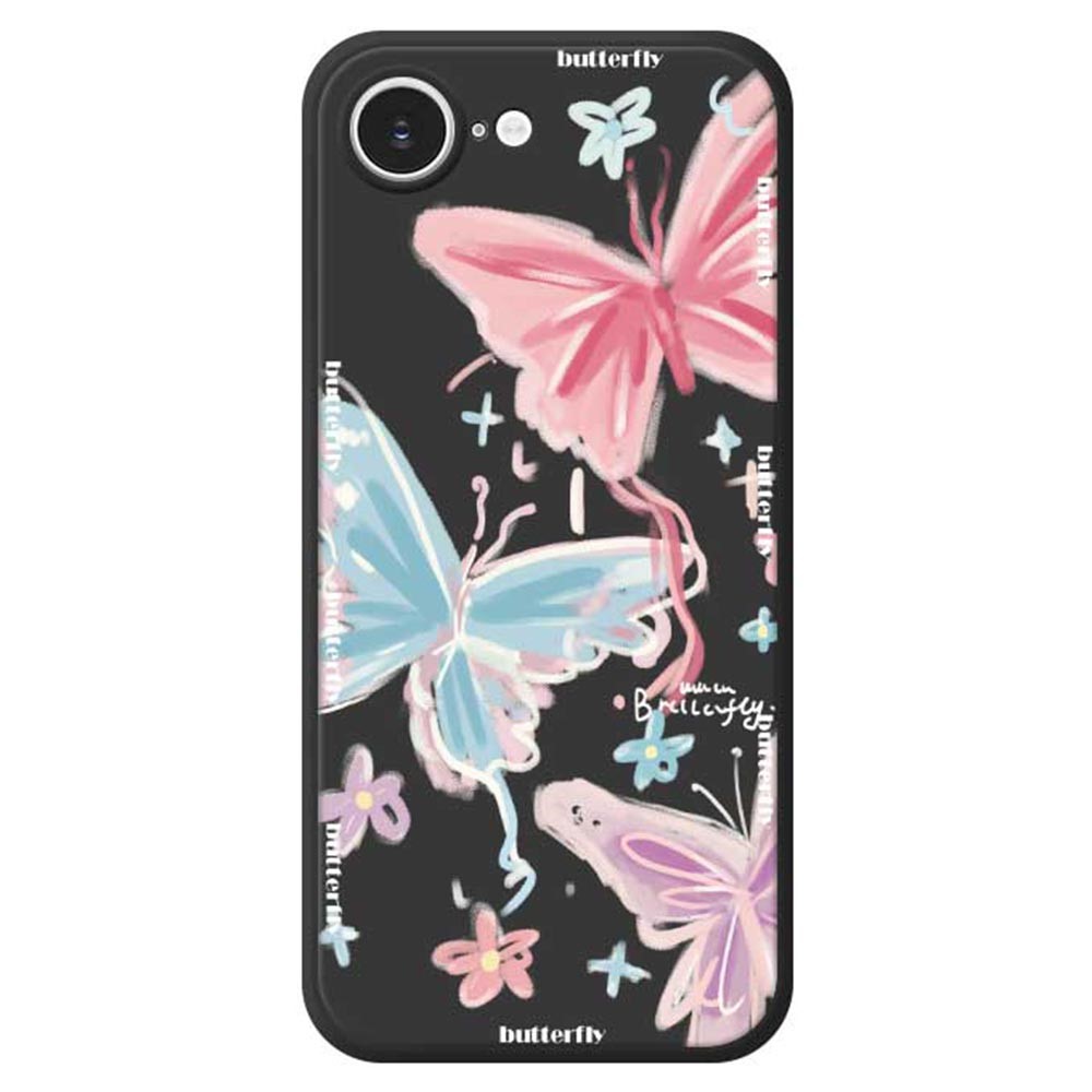 For iPhone 16e Case Cute 3 Color Butterfly Pattern Printing Straight Edge TPU Phone Back Cover - Black