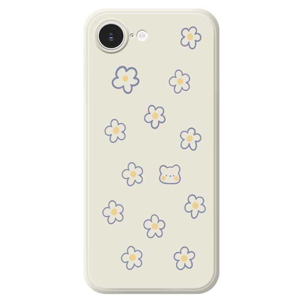 For iPhone 16e Case Cute Floral Bear Pattern Printing Straight Edge TPU Phone Back Cover - Beige