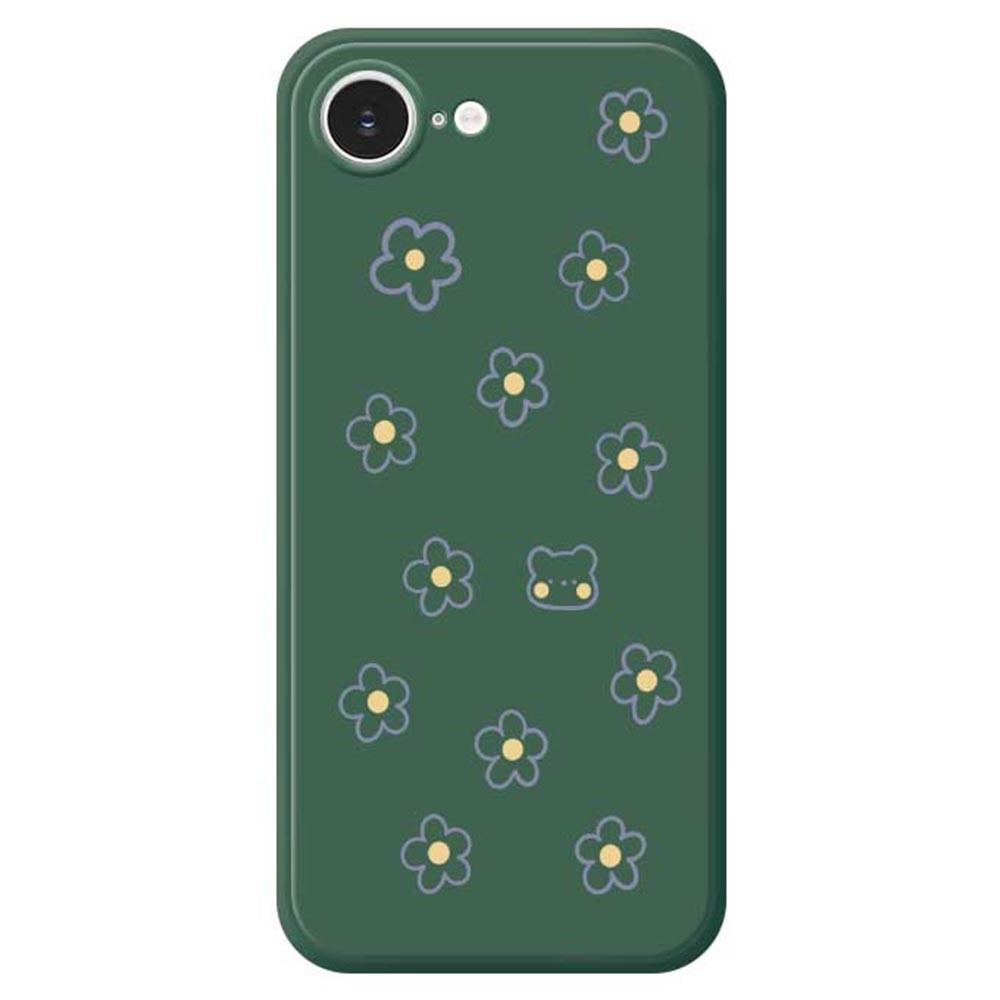 For iPhone 16e Case Cute Floral Bear Pattern Printing Straight Edge TPU Phone Back Cover - Green