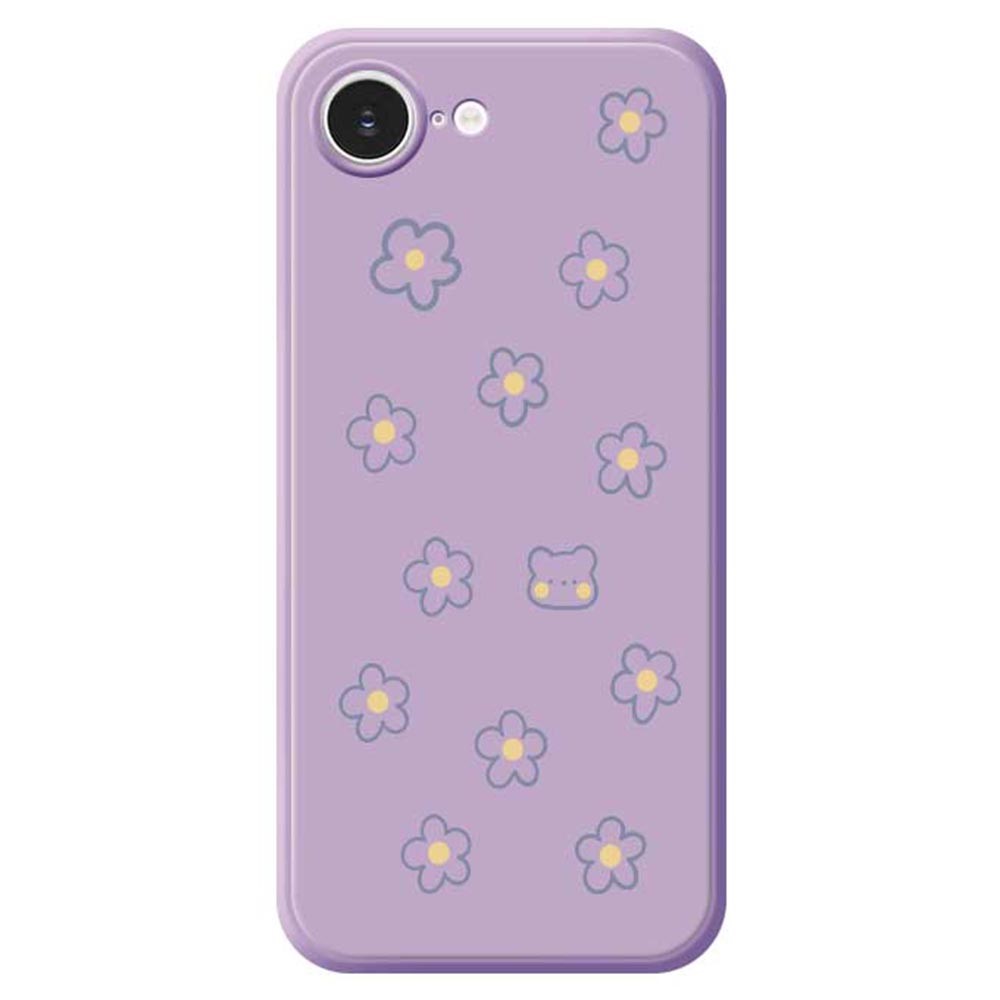 For iPhone 16e Case Cute Floral Bear Pattern Printing Straight Edge TPU Phone Back Cover - Purple