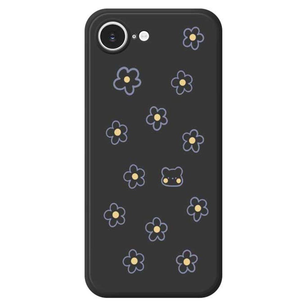 For iPhone 16e Case Cute Floral Bear Pattern Printing Straight Edge TPU Phone Back Cover - Black