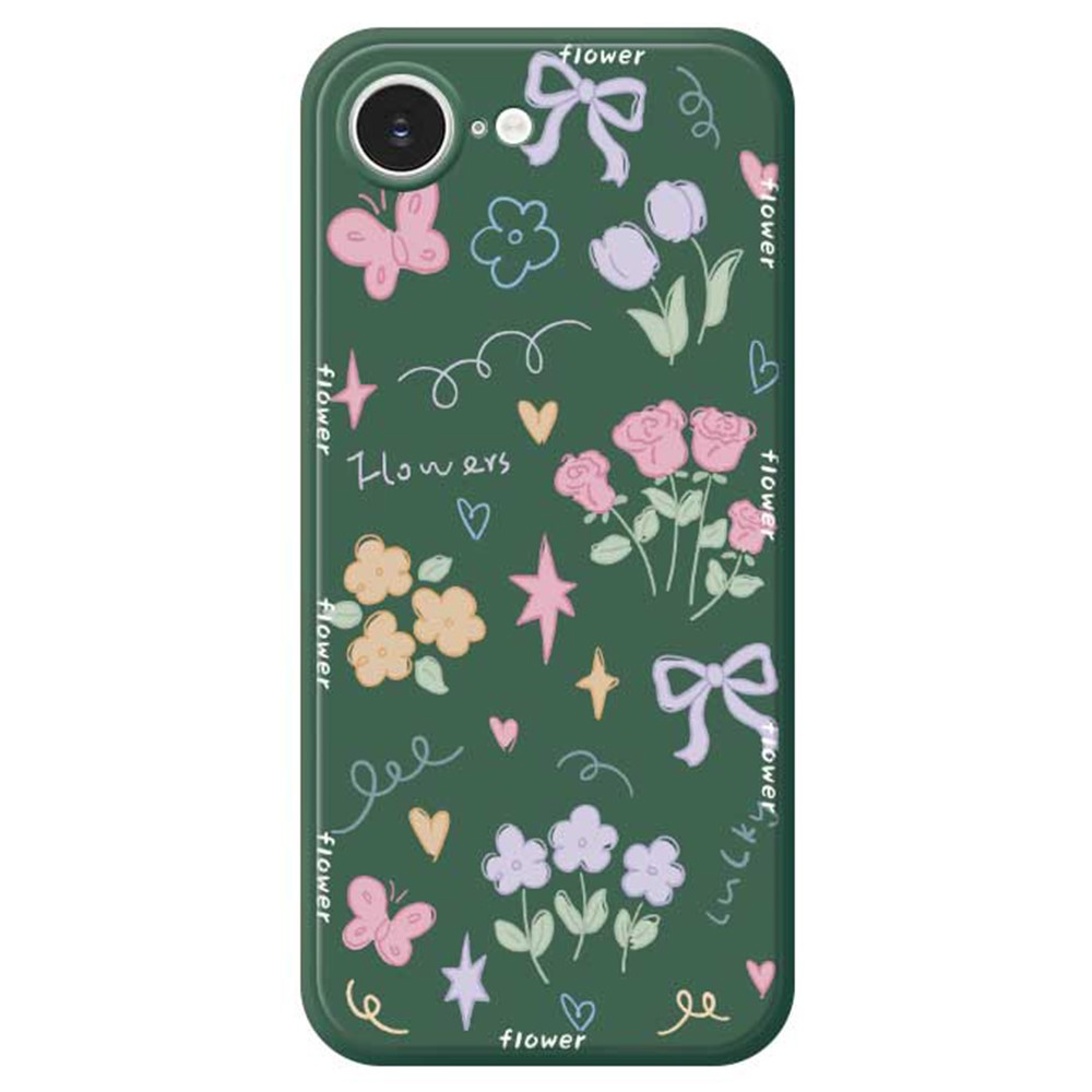 For iPhone 16e Case Cute Lucky Flowers Pattern Printing Straight Edge TPU Phone Back Cover - Green