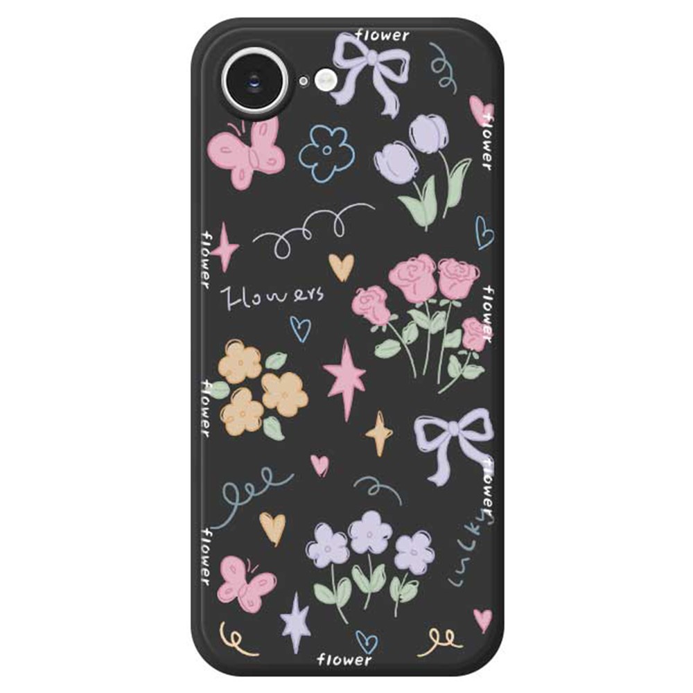 For iPhone 16e Case Cute Lucky Flowers Pattern Printing Straight Edge TPU Phone Back Cover - Black
