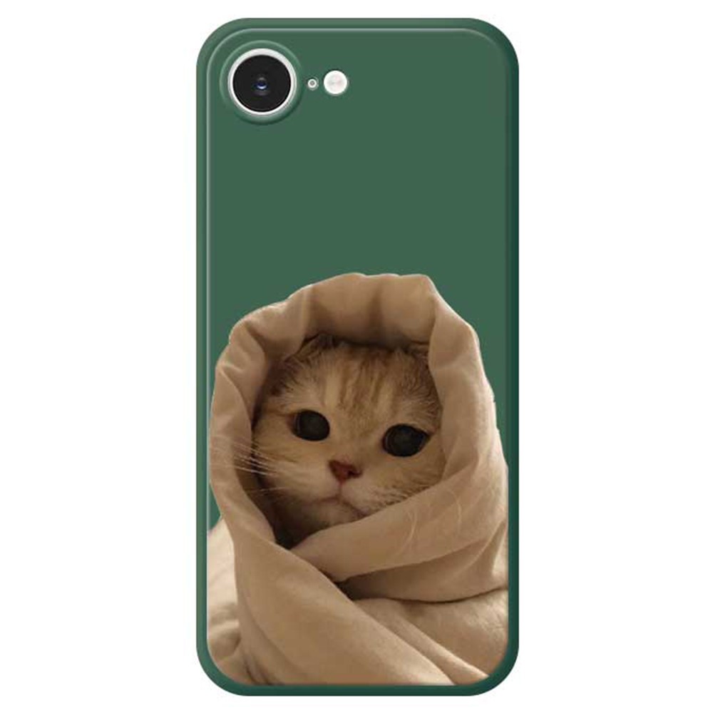 For iPhone 16e Case Wrapped Cat Pattern Printing Straight Edge TPU Phone Back Cover - Green