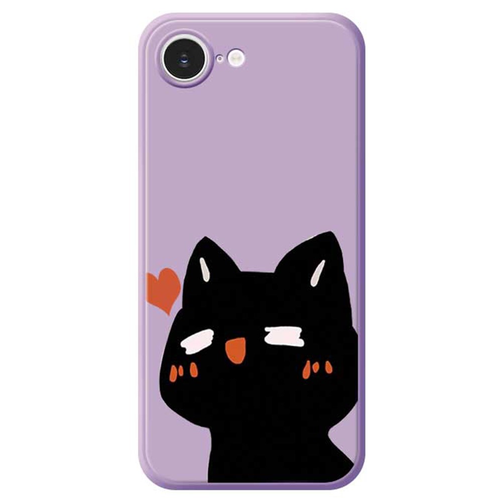 For iPhone 16e Case Cute Love Cat Pattern Printing Straight Edge TPU Phone Back Cover - Purple