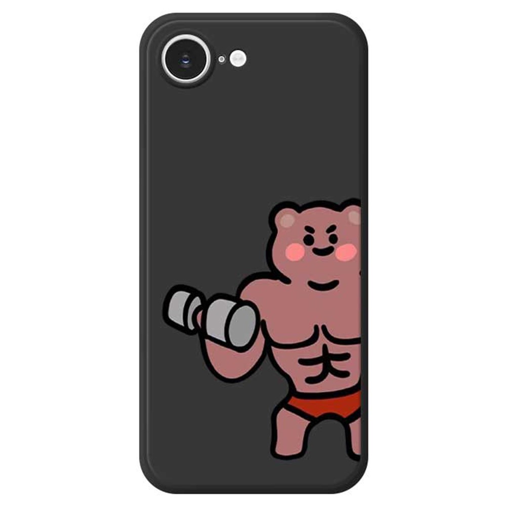 For iPhone 16e Case Muscle Bear Pattern Printing Straight Edge TPU Phone Back Cover - Black