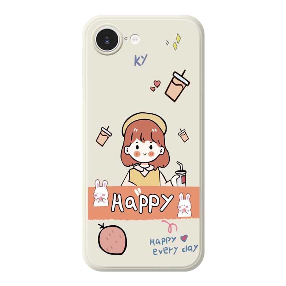 For iPhone 16e Case Happy Girl Pattern Printing Straight Edge TPU Phone Back Cover - Beige