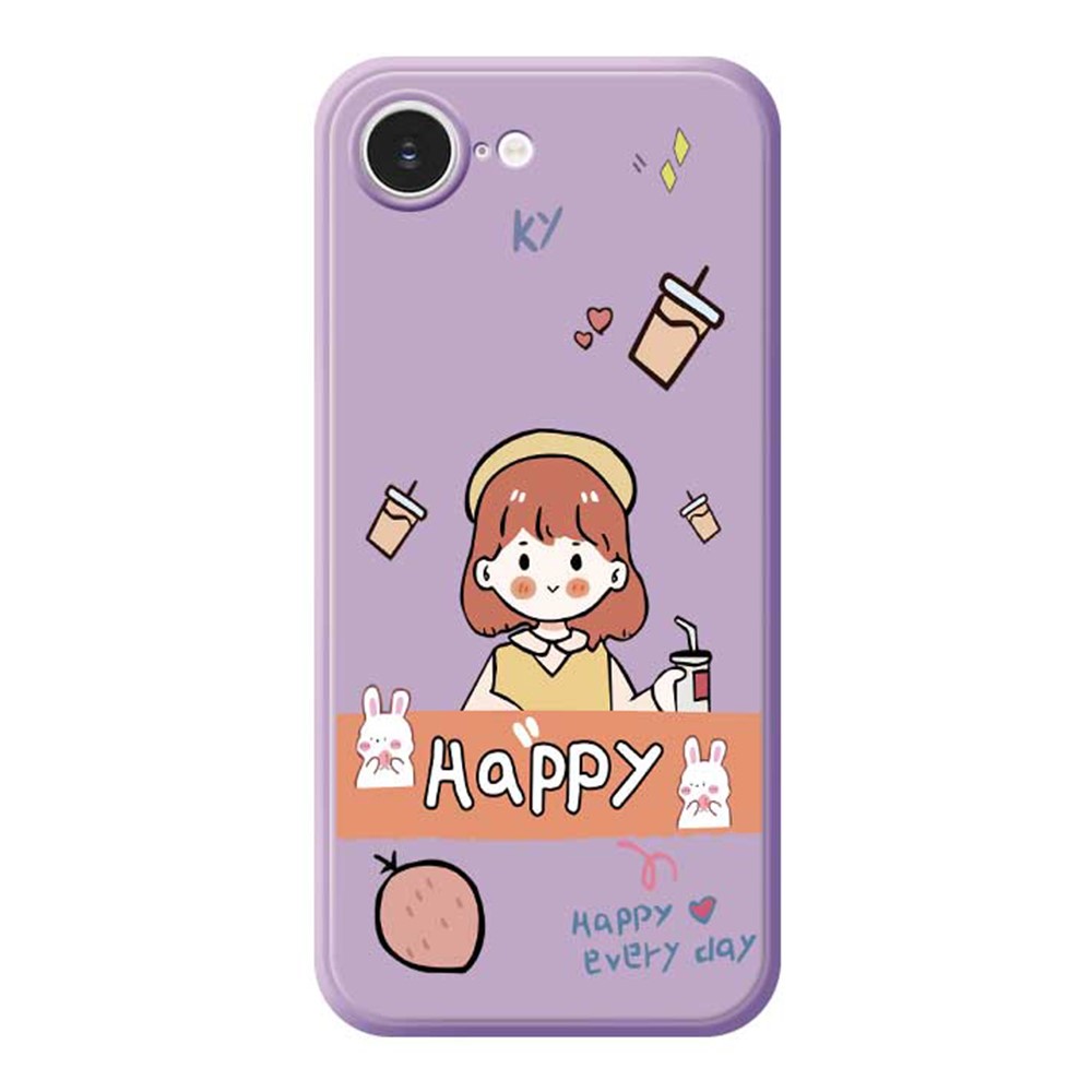 For iPhone 16e Case Happy Girl Pattern Printing Straight Edge TPU Phone Back Cover - Purple