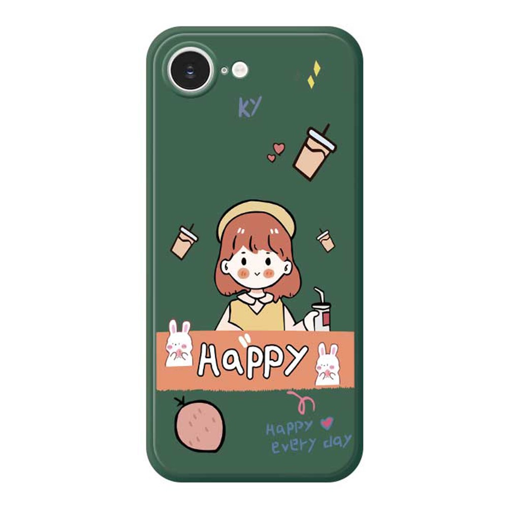 For iPhone 16e Case Happy Girl Pattern Printing Straight Edge TPU Phone Back Cover - Green