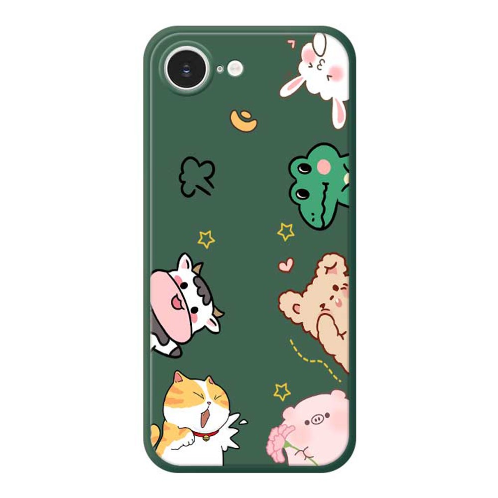 For iPhone 16e Case Animal Gathering Pattern Printing Straight Edge TPU Phone Back Cover - Green