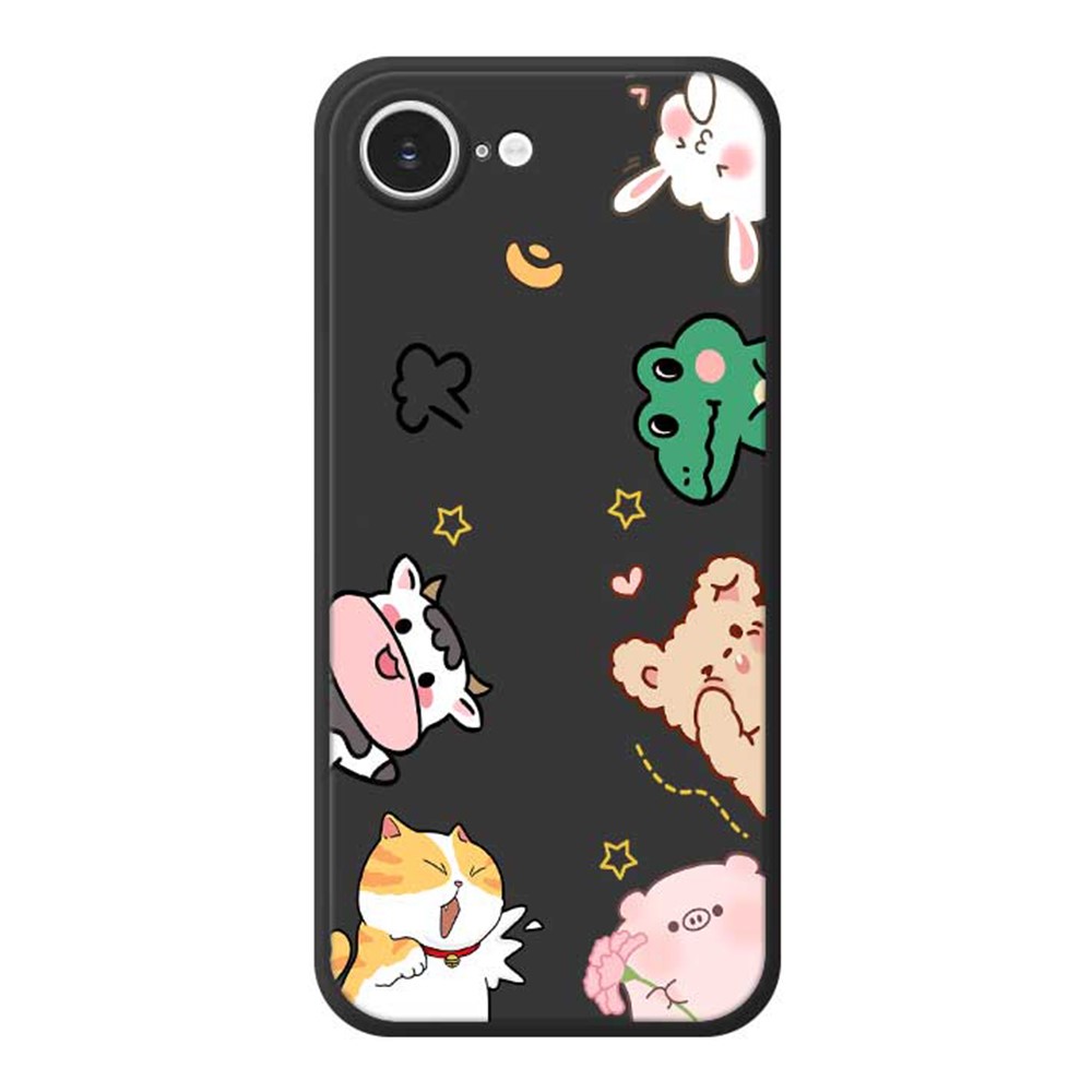 For iPhone 16e Case Animal Gathering Pattern Printing Straight Edge TPU Phone Back Cover - Black