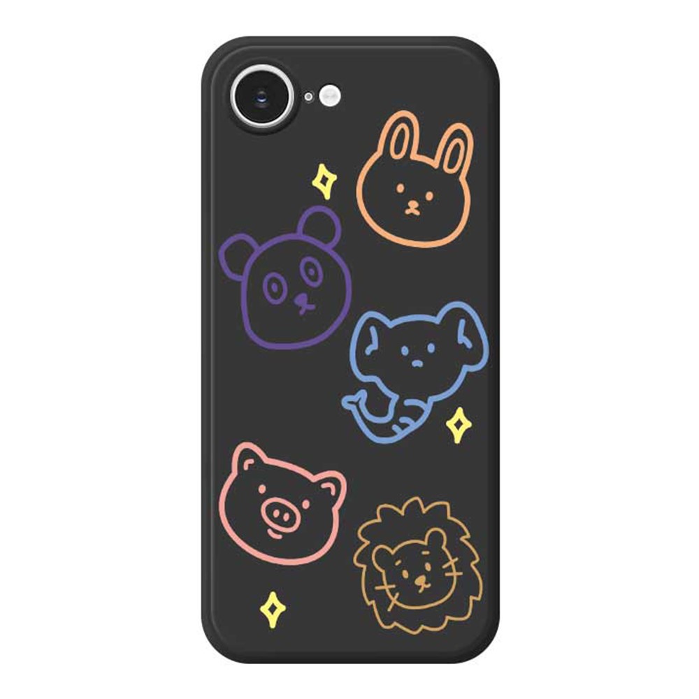 For iPhone 16e Case Animal Sketches Pattern Printing Straight Edge TPU Phone Back Cover - Black