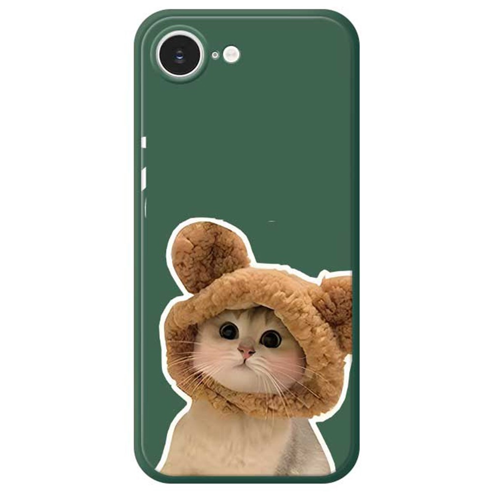 For iPhone 16e Case Cute Cat in the Hat Pattern Printing Straight Edge TPU Phone Back Cover - Green