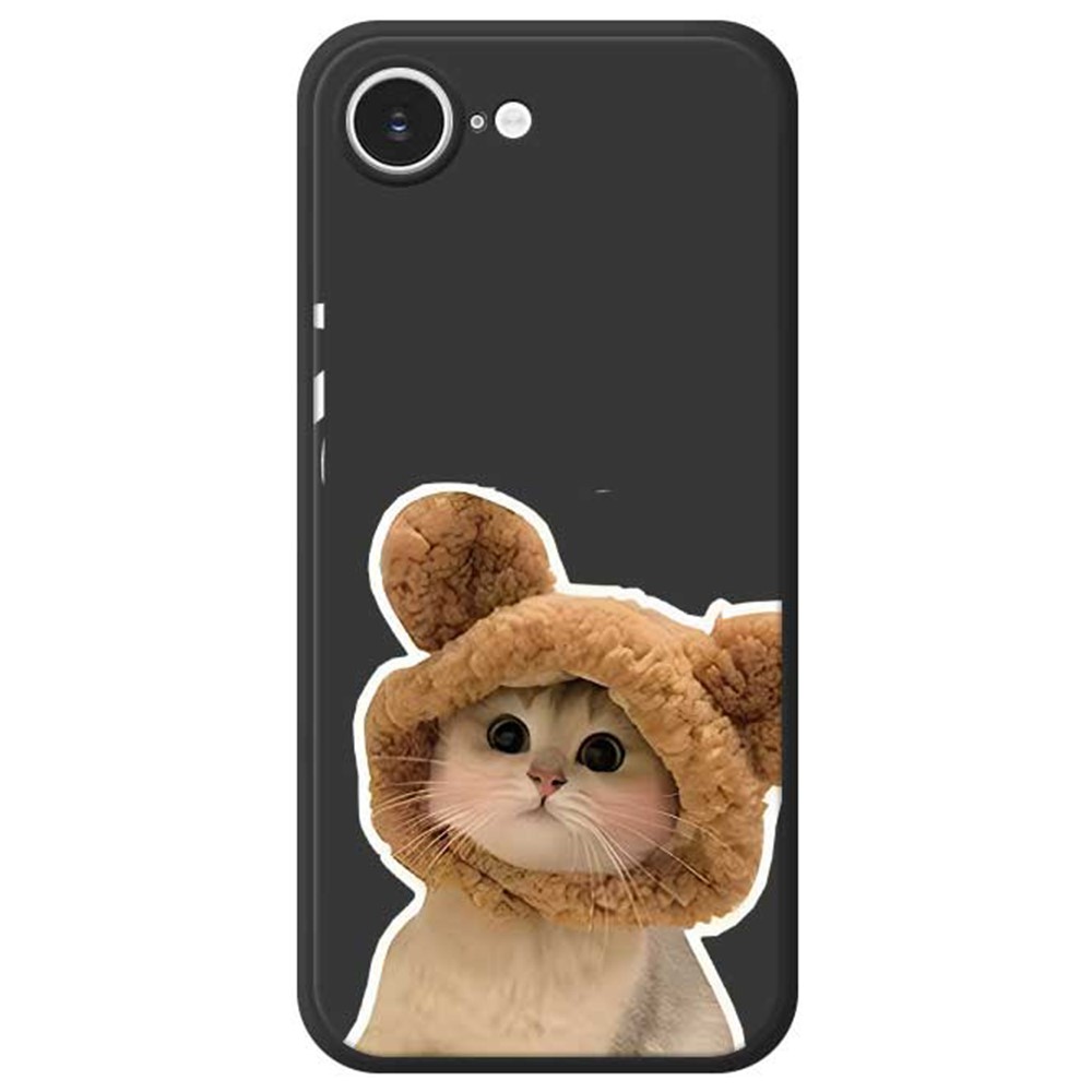 For iPhone 16e Case Cute Cat in the Hat Pattern Printing Straight Edge TPU Phone Back Cover - Black