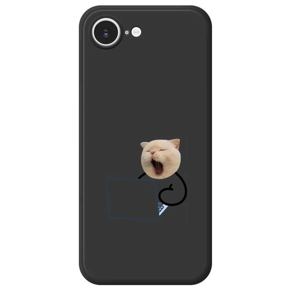For iPhone 16e Case Working Cat Pattern Printing Straight Edge TPU Phone Back Cover - Black