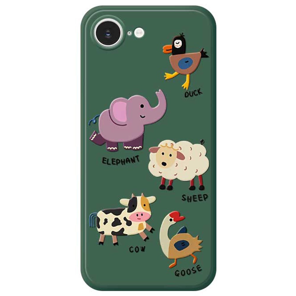 For iPhone 16e Case Five Animals Pattern Printing Straight Edge TPU Phone Back Cover - Green