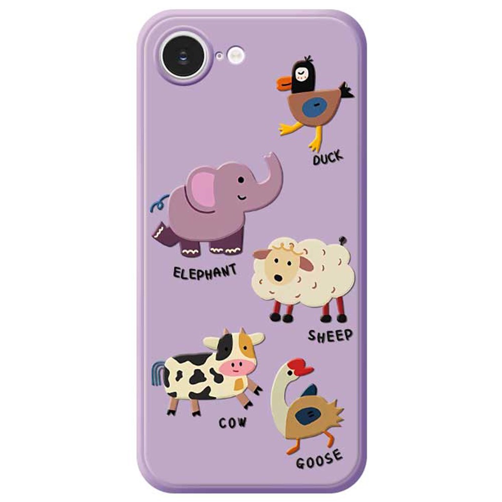 For iPhone 16e Case Five Animals Pattern Printing Straight Edge TPU Phone Back Cover - Purple