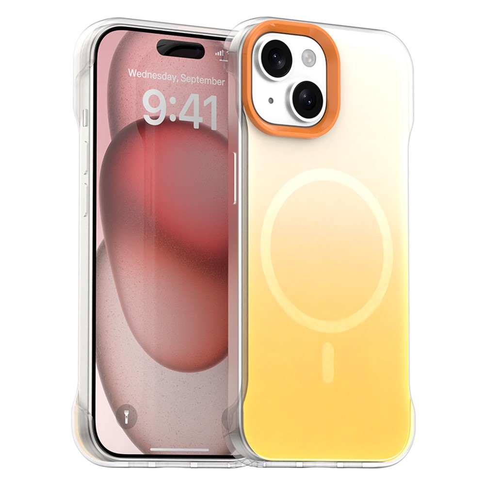 For iPhone 15 Magnetic Case Gradient Design Borderless IMD TPU + PC + PET Phone Cover - Orange