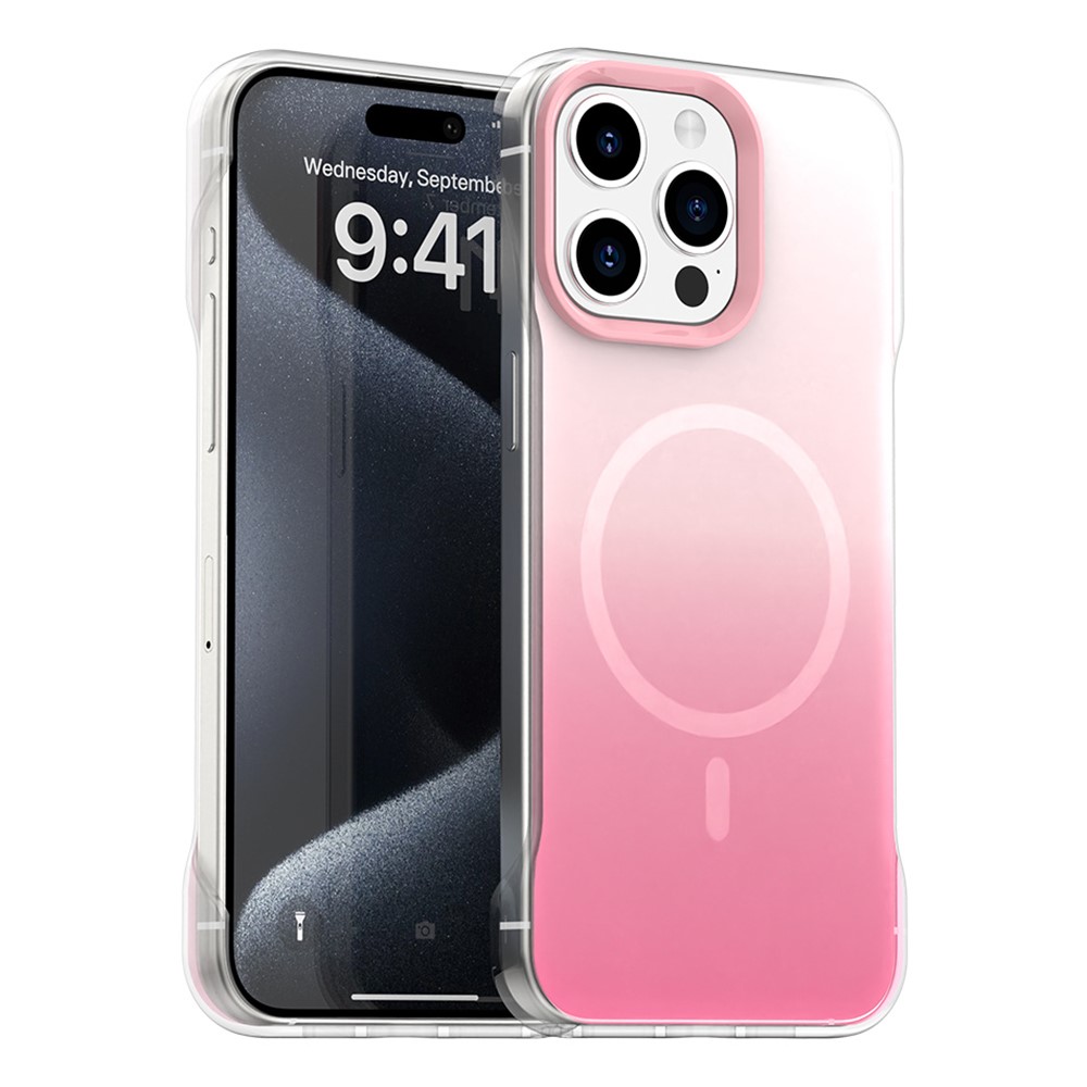For iPhone 15 Pro Magnetic Case Gradient Design Borderless IMD TPU + PC + PET Phone Cover - Pink