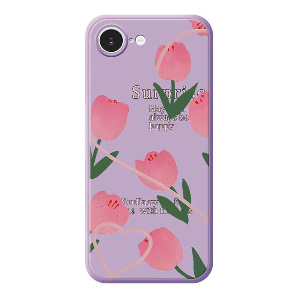 For iPhone 16e Case Tulip Pattern Printing Straight Edge TPU Phone Back Cover - Purple