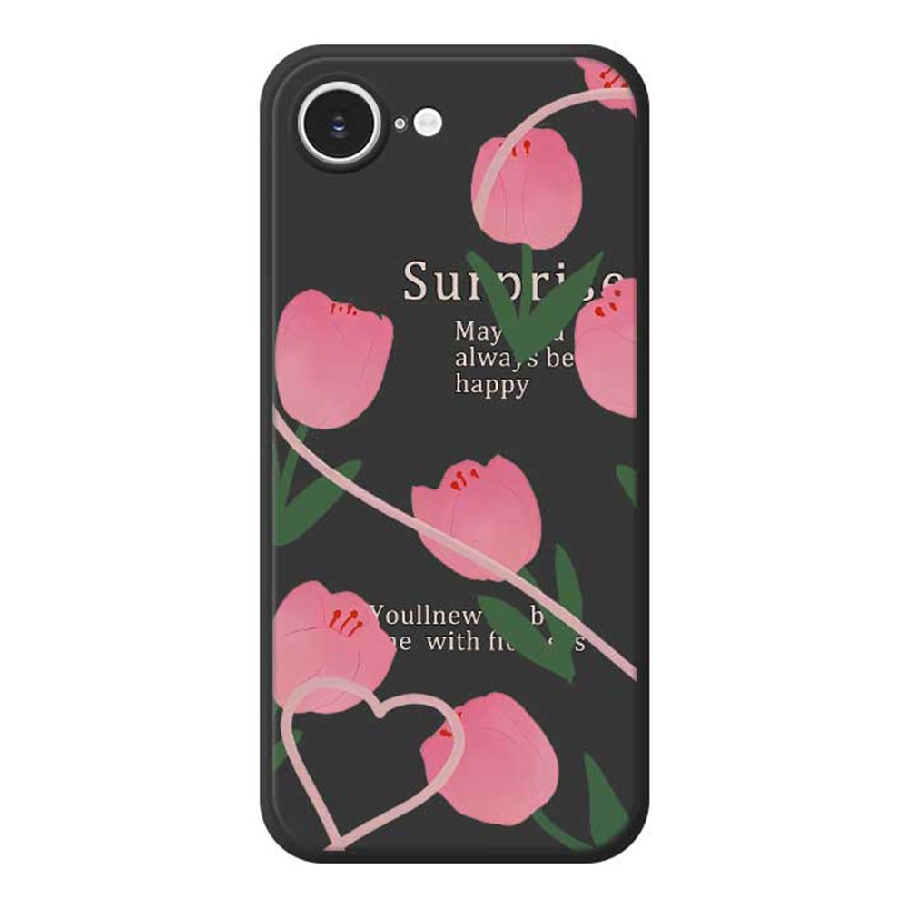 For iPhone 16e Case Tulip Pattern Printing Straight Edge TPU Phone Back Cover - Black