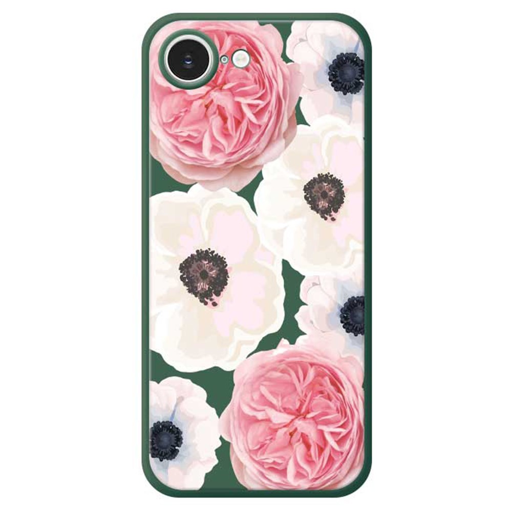 For iPhone 16e Case White and Pink Flower Pattern Printing Straight Edge TPU Phone Back Cover - Green