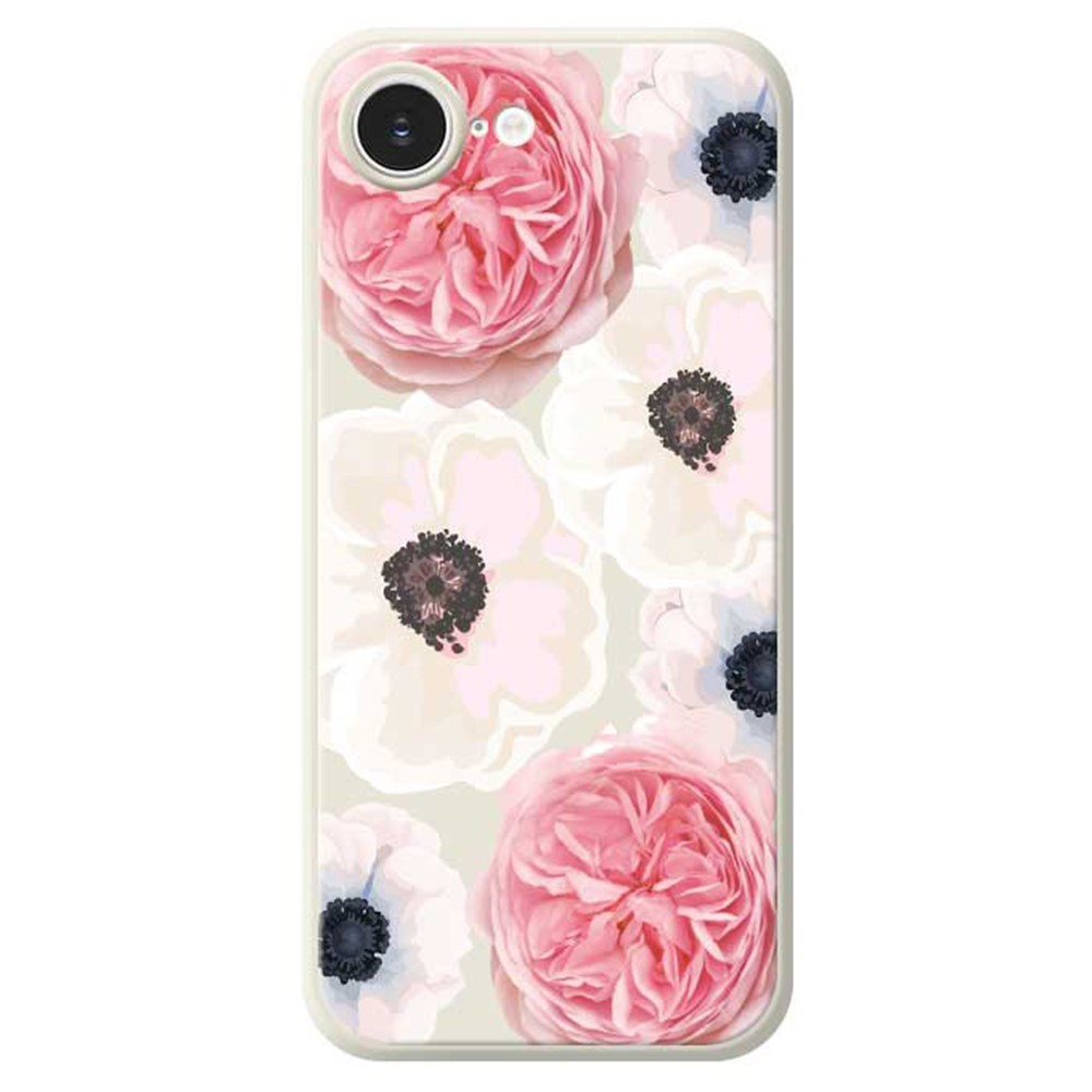 For iPhone 16e Case White and Pink Flower Pattern Printing Straight Edge TPU Phone Back Cover - Beige