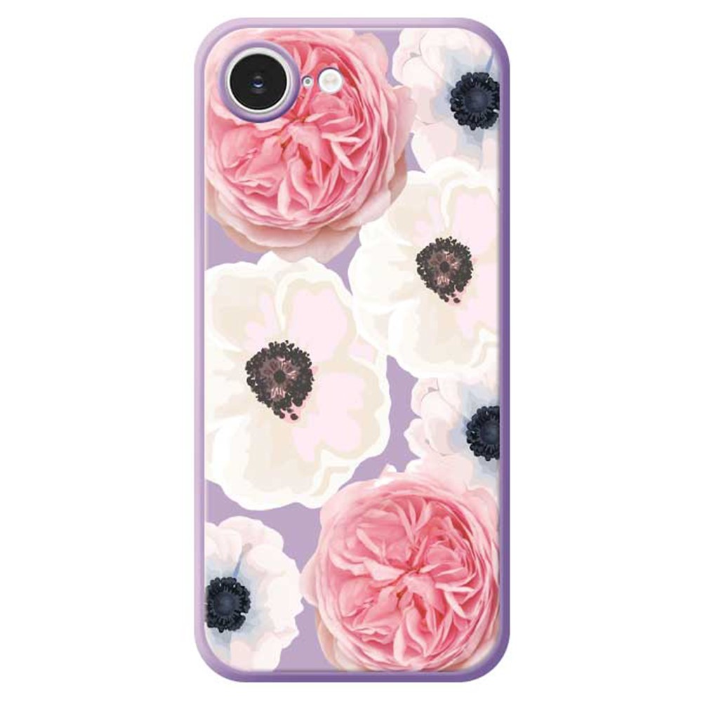 For iPhone 16e Case White and Pink Flower Pattern Printing Straight Edge TPU Phone Back Cover - Purple